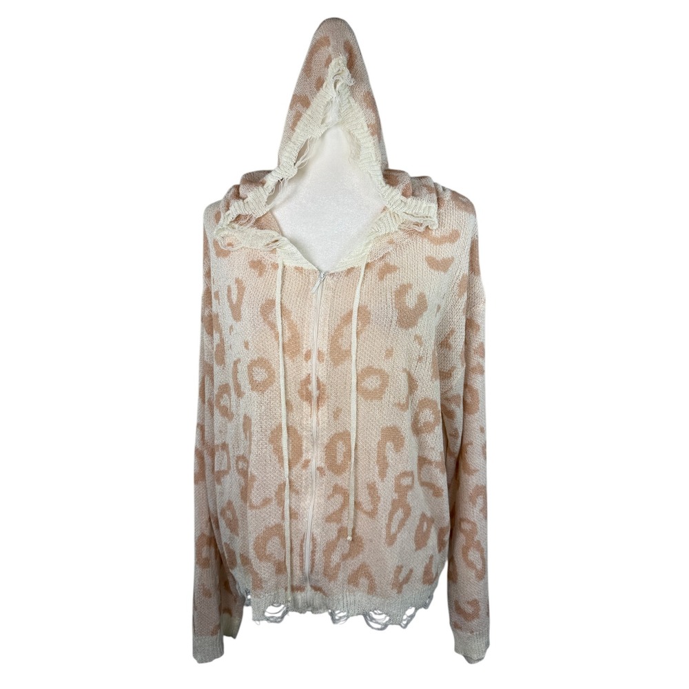 POL Large Cream Tan Leopard Distressed Knit Full Zip Hoodie Sweater TSS257